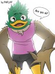 anatid anseriform anthro avian beak bird clothing duck english_text feathers fur hand_on_leg hand_on_thigh hi_res looking_at_viewer low-angle_view male open_mouth paflhy smile solo speech_bubble text