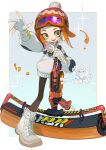  1girl :d arm_up beanie blue_background blush boots border brown_pantyhose carbon_roller_(splatoon) chibi commentary corrupted_twitter_file english_commentary fang fingerless_gloves gloves goggles goggles_on_head hand_up hat highres holding jacket long_sleeves looking_at_viewer medium_hair octoling octoling_girl open_mouth orange_hair orange_headwear outside_border p-pepper paint paint_roller pantyhose pom_pom_(clothes) pom_pom_beanie puffy_long_sleeves puffy_sleeves shoelaces short_eyebrows sidelocks simple_background ski_goggles smile solo sparkle splatoon_(series) tentacle_hair white_border white_footwear white_gloves white_jacket yellow_eyes 
