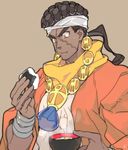  black_hair bowl chewing dark_skin dark_skinned_male eyebrows food headband jewelry jojo_no_kimyou_na_bouken male_focus miso_soup mohammed_avdol necklace onigiri orange_eyes ponytail robe scarf signature solo soup steam thick_eyebrows toujou_sakana 