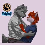 anthro blue_eyes blush canid canine canis clothing couple duo embrace fur green_eyes grey_body grey_clothing grey_fur grey_hair grey_shirt grey_topwear hair hi_res hug male male/male mammal netiscraft red_body red_fur red_hair relationship romantic romantic_couple shirt short_hair topwear wolf