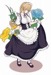  1girl apron black_footwear blonde_hair blue_eyes blue_flower braid breasts center_frills corset curtsey flower flower_request french_braid frills full_body gloves hair_between_eyes heterochromia highres large_breasts long_hair looking_at_viewer maid maid_headdress mary_janes moppo original shoes single_braid skirt solo standing suspender_skirt suspenders very_long_hair victorian_maid white_gloves white_legwear yellow_eyes yellow_flower 