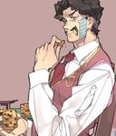  black_hair box chair chewing chocolate_chip_cookie cookie crumbs daniel_d'arby eating facial_hair facial_mark food holding holding_food jojo_no_kimyou_na_bouken male_focus mustache necktie purple_eyes solo stardust_crusaders tattoo toujou_sakana vest 