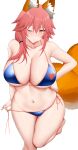  1girl absurdres animal_ears arind_yudha bare_shoulders bikini blue_bikini blush breasts cleavage closed_mouth collarbone fate/grand_order fate_(series) fox_ears fox_girl fox_tail highres huge_breasts looking_at_viewer navel pink_hair simple_background solo stomach swimsuit tail tamamo_(fate) tamamo_no_mae_(swimsuit_lancer)_(fate) tamamo_no_mae_(swimsuit_lancer)_(third_ascension)_(fate) thighs white_background yellow_eyes 