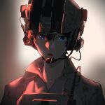  1girl absurdres black_hair blue_eyes blurry blurry_background camouflage camouflage_headwear desert_camouflage ear_protection helmet highres looking_at_viewer military_operator night_vision_device original parted_lips pen_guin15 portrait red_light short_hair solo 