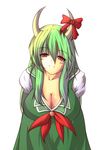  breasts cleavage dress ex-keine green_dress green_hair hair_ornament hat horns kamishirasawa_keine large_breasts leaning_forward long_hair looking_at_viewer mebusu pose red_eyes smile solo touhou 