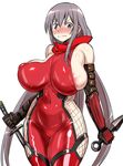  774_(nanashi) :| areola_slip areolae armor bangs bare_shoulders blush breasts bursting_breasts closed_mouth cosplay covered_navel covered_nipples cowboy_shot curvy dragon_yukano dual_wielding elbow_gloves embarrassed fishnets gloves grey_eyes grey_hair holding holding_weapon huge_breasts japanese_armor kote kunai long_hair looking_at_viewer ninja ninja_slayer no_bra nose_blush scarf shiny shiny_clothes sideboob simple_background solo sweatdrop sword taimanin_(series) taimanin_asagi thick_thighs thighs tri_tails unitard v-shaped_eyebrows very_long_hair wavy_mouth weapon white_background 
