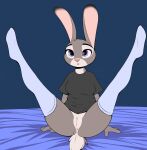 2022 anthro anus bed butt clothing confusion disney female floppy_ears footwear fur furniture genitals grey_body grey_fur hi_res judy_hopps lagomorph legs_up leporid lop_ears mammal multicolored_ears nude purple_eyes pussy rabbit redmn short_tail socks solo tail white_body white_fur zootopia