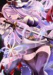  1girl black_thighhighs blue_eyes breasts bug butterfly commission granblue_fantasy habutei hair_over_one_eye highres holding holding_sword holding_weapon horns katana large_breasts long_hair looking_at_viewer narmaya_(granblue_fantasy) purple_hair skeb_commission solo sword thighhighs twitter_username weapon 