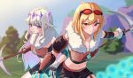  2girls alternate_costume blonde_hair crop_top dreamoon131 highres hololive hololive_english hololive_indonesia kaela_kovalskia koseki_bijou long_hair midriff multiple_girls navel pickaxe purple_eyes red_eyes virtual_youtuber white_hair 