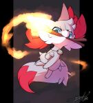 2023 ambiguous_gender blue_eyes fennekin feral fire fluffy fluffy_tail freckles fur generation_6_pokemon gingy_(gingy_k_fox) gingy_k_fox hi_res jumping nintendo pokemon pokemon_(species) purple_body purple_fur red_body red_fur shiny_pokemon signature solo stick stick_in_mouth tail