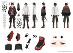  1boy algorhythm_project animal_ears black_footwear black_gloves black_hair closed_mouth collar collared_shirt copyright_name english_commentary english_text fingerless_gloves gloves hyouga_alpha jacket jiman multicolored_hair multiple_views official_art red_hair reference_sheet second-party_source shirt shoes short_hair short_ponytail sneakers streaked_hair tail virtual_youtuber white_shirt yellow_eyes 