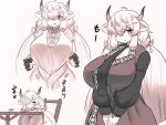  1girl alternate_costume animal_ears black_horns blush breasts brown_eyes dress extra_ears gloves grey_horns greyscale hair_over_one_eye horns huge_breasts kemono_friends kemono_friends_3 long_hair looking_at_viewer mo23 monochrome multicolored_horns ox_ears ox_girl ox_horns pout ribbon shirt short_sleeves sleeping solo tail twintails very_long_hair white_hair yak_(kemono_friends) 
