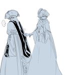  2girls bloodborne capelet clothes_grab cross-laced_clothes gloves hat iosefka long_hair monochrome multiple_girls murai_shinobu open_mouth ponytail skirt smile spoken_ellipsis tricorne yurie_the_last_scholar 