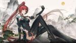  artist_request bird boots china_dress chinese_clothes dress headband high_heels highres leg_up long_hair looking_at_viewer mechanical_arms mole mountain official_art ponytail punishing:_gray_raven red_eyes red_hair sitting smile sun tree vera_(punishing:_gray_raven) 