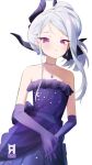  1girl black_horns blue_archive blush collarbone cryne demon_horns dress elbow_gloves gloves grey_hair highres hina_(blue_archive) hina_(dress)_(blue_archive) horns jewelry long_hair looking_at_viewer multiple_horns necklace official_alternate_costume open_mouth purple_dress purple_eyes purple_gloves solo strapless strapless_dress 