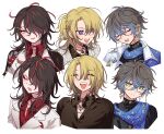  3boys :d androgynous black_hair black_shirt blonde_hair blue_hair blue_scarf brown_hair chest_tattoo closed_eyes closed_mouth collared_shirt commentary_request cropped_torso earrings expressions eyeliner eyewear_strap facing_viewer glasses grey_hair hair_between_eyes hair_over_one_eye highres ike_eveland jewelry laughing long_hair looking_at_viewer looking_to_the_side luca_kaneshiro makeup male_focus meremero multicolored_hair multiple_boys multiple_views nijisanji nijisanji_en open_mouth purple_eyes red_eyeliner red_hair red_shirt scarf shirt short_hair simple_background smile streaked_hair tattoo upper_body virtual_youtuber vox_akuma white_background yellow_eyes 