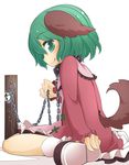  animal_ears chain collar commentary_request dress green_eyes green_hair highres jagabutter kasodani_kyouko long_sleeves looking_at_viewer pink_dress sitting smile solo tail touhou wariza 
