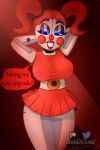 beanontoast big_breasts blue_eyes blush bottomwear bra breasts circus_baby_(fnaf) clothed clothing dialogue female five_nights_at_freddy&#039;s hair hi_res humanoid machine nipple_outline red_bottomwear red_clothing red_hair red_skirt robot scottgames sister_location skirt smile solo underwear