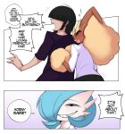 absurd_res anthro blue_hair bodily_fluids brown_body clothed clothing comic dialogue english_text female gardevoir generation_3_pokemon generation_4_pokemon hair hi_res human lopunny male mammal nintendo open_mouth piercing pokemon pokemon_(species) saltyxodium shirt smile sweat text topwear white_body