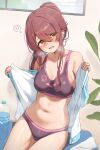  1girl absurdres bare_shoulders blush bottle breasts commentary_request embarrassed hair_between_eyes head_tilt highres idolmaster idolmaster_shiny_colors indoors long_hair medium_breasts midriff navel open_clothes open_mouth open_shirt osaki_tenka panties plant purple_panties purple_sports_bra red_hair shirt solo spoken_blush sports_bra stomach tearing_up underwear wanimaru water_bottle white_shirt yellow_eyes 
