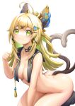  1girl :3 ahoge animal_ears ass bent_over black_choker blonde_hair blush breasts cat_ears cat_tail choker commentary_request genshin_impact green_eyes hair_ornament hairclip hand_up heart heart_tail highres kirara_(genshin_impact) long_hair looking_at_viewer medium_breasts multiple_tails nude royboy simple_background sitting smile solo tail thighs two_tails very_long_hair white_background 