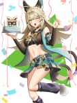  1girl ;3 ;d absurdres ahoge animal_ear_fluff animal_ears anoreika_tomoe aqua_skirt bare_shoulders black_shirt blonde_hair breasts cake candle cat_ears commentary crop_top detached_sleeves fang food foot_out_of_frame genshin_impact green_eyes hands_up highres holding holding_cake holding_food kirara_(genshin_impact) leg_warmers long_hair long_sleeves looking_at_viewer medium_breasts midriff miniskirt navel one_eye_closed open_mouth shirt skirt smile solo standing standing_on_one_leg stomach thighs very_long_hair white_background 