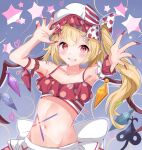  1girl armpits blonde_hair blue_background bow flandre_scarlet hair_bow highres looking_at_viewer rainbow_wings red_bow red_eyes red_nails red_skirt skirt solo star_(symbol) stomach strapless touhou touhourennsyuu tube_top 