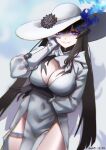  1girl asymmetrical_gloves black_gloves black_hair breasts cleavage commentary_request constance_(honkai:_star_rail) cowboy_shot dress gloves grin hand_up highres honkai:_star_rail honkai_(series) horns junik_(snrj2255) large_breasts long_hair looking_at_viewer mismatched_gloves purple_eyes smile solo standing very_long_hair white_dress white_gloves white_headwear 