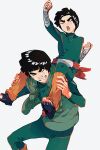  2boys arm_up bandaged_arm bandages black_hair bodysuit bowl_cut clenched_hands closed_eyes commentary crying eyelashes feet_out_of_frame green_bodysuit green_vest grey_background highres leg_warmers male_focus might_guy multiple_boys nakawo_777 naruto naruto_(series) open_mouth rock_lee sandals short_hair simple_background sitting_on_shoulder smile symbol-only_commentary thick_eyebrows vest 