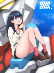  1girl ass black_hair black_skirt blue_eyes bow bowtie cardigan gridman_(ssss) gridman_universe highres long_hair long_sleeves looking_at_viewer mecha pleated_skirt red_bow red_socks robot school_uniform scrunchie shirt shoes sitting skirt socks ssss.gridman takarada_rikka thighs tokusatsu unamanju white_shirt wrist_scrunchie yellow_eyes 