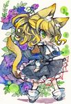  animal_ears blush cat_ears cat_tail flower green_eyes highres japanese_clothes kusuke mizuhashi_parsee scarf solo tail touhou traditional_media watercolor_(medium) 