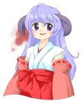  1girl blue_hair closed_mouth detached_sleeves hanyuu higurashi_no_naku_koro_ni horns japanese_clothes kimono light_blue_hair long_hair long_sleeves miko nonamejd purple_eyes purple_horns red_sleeves ribbon-trimmed_sleeves ribbon_trim smile solo white_kimono 