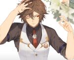  arm_up bishounen brown_hair brown_shirt collared_shirt english_commentary expressionless gold_trim granblue_fantasy hair_between_eyes hands_in_hair hyuuhyoo jewelry light_blush looking_to_the_side male_focus messy_hair necktie one_eye_closed red_eyes ring sandalphon_(granblue_fantasy) shirt sleeves_rolled_up suit upper_body vest white_background white_vest 