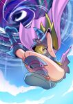  1girl ass blonde_hair blush_stickers cape dark_magician_girl duel_monster falling green_eyes hat highres holding holding_clothes holding_hat leg_up long_hair midair pink_cape revealing_clothes sengenjin31 solo witch_hat wormhole yu-gi-oh! 