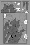 anthro biped blush bodily_fluids comic dialogue erection fur generation_4_pokemon generation_9_pokemon genitals group hi_res human lucario male mammal meowscarada nintendo penis pokemon pokemon_(species) sincastermon smile speech_bubble sweat