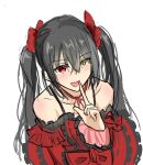  1girl alternate_costume bare_shoulders black_hair clock_eyes commentary date_a_live date_a_live:_date_a_bullet dress heterochromia long_hair looking_at_viewer open_mouth red_eyes smile solo symbol-shaped_pupils ted_(user_keuh7433) tokisaki_kurumi twintails white_background yellow_eyes 