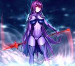  ass_visible_through_thighs bad_id bad_pixiv_id bodysuit breasts covered_navel covered_nipples fate/grand_order fate_(series) gae_bolg highres large_breasts long_hair polearm purple_bodysuit purple_hair red_eyes scathach_(fate)_(all) scathach_(fate/grand_order) shijiu_(adamhutt) solo spear thighhighs very_long_hair weapon 