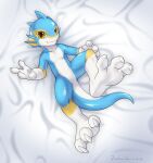 2024 3_toes 4_fingers anthro aquatic_dragon barefoot bedding bedding_background blue_body claws dated dragon featureless_crotch feet fin fingers fishy_fizz foot_focus glistening glistening_body hi_res high-angle_view looking_at_viewer male marine nude paws simple_background smile solo tail toes