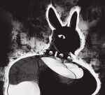 abstract_background anthro biped bun_bash collar ears_up female glowing glowing_eyes gynomorph_(lore) hair hare hi_res in_the_shadows lagomorph leporid mammal monochrome muscular muscular_anthro muscular_female one_eye_obstructed peculiart rabbit ruth_(peculiart) short_hair solo