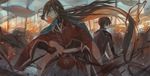  91_(968087) bad_id bad_pixiv_id battle battlefield black_hair flag horikawa_kunihiro izumi-no-kami_kanesada japanese_clothes long_hair male_focus multiple_boys surrounded touken_ranbu very_long_hair 