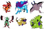  :i black_eyes bright_pupils claws closed_mouth fangs ledian mantine mareep no_humans open_mouth pokemon pokemon_(creature) simple_background standing suicune tyako_089 tyranitar white_background white_pupils xatu 