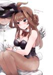  1boy 1girl admiral_(kancolle) ahoge animal_ears bare_shoulders black_leotard blush bow bowtie breasts brown_hair brown_pantyhose cleavage covered_navel detached_collar double_bun embarrassed fake_animal_ears hair_bun hairband hat highres kantai_collection kongou_(kancolle) leotard long_hair lr_hijikata medium_breasts military military_hat military_uniform naval_uniform pantyhose peaked_cap playboy_bunny rabbit_ears rabbit_tail shaded_face sitting sitting_on_person strapless strapless_leotard tail traditional_bowtie uniform wrist_cuffs 