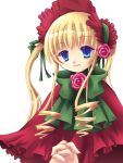  1girl blonde_hair blue_eyes bonnet bow bowtie capelet closed_mouth commentary_request drill_hair drill_sidelocks flower flower_brooch frilled_capelet frills green_bow green_bowtie lolita_fashion long_hair looking_at_viewer medium_bangs morinaga_hinase pink_flower pink_rose red_capelet red_headwear rose rozen_maiden shinku sidelocks simple_background smile solo twintails upper_body white_background 