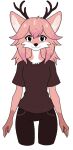 anthro antlers clothed clothing female fully_clothed hair horn hybrid messy_hair onnog pink_body solo spots