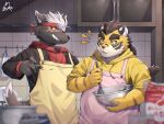 2022 anthro apron brown_body brown_fur canid canine canis clothing cooking domestic_dog duo felid fur hair hi_res holding_object kitchen lifewonders male mammal pantherine ponzu_tas red_eyes striped_body striped_fur stripes tadatomo tail tiger tokyo_afterschool_summoners white_hair yellow_body yellow_eyes yellow_fur