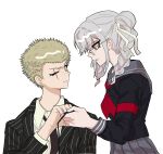  1boy 1girl armband black_jacket black_necktie black_shirt blonde_hair braid closed_mouth danganronpa_(series) danganronpa_2:_goodbye_despair eye_contact freckles glasses grey_hair grey_sailor_collar grey_skirt hair_ribbon highres holding_hands hyeon-i jacket kuzuryu_fuyuhiko long_hair looking_at_another neckerchief necktie one_eye_closed pekoyama_peko pleated_skirt red_armband red_eyes red_neckerchief ribbon sailor_collar scar scar_across_eye school_uniform shirt short_hair simple_background skirt striped_clothes striped_jacket twin_braids white_background 