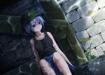  adapted_costume bare_arms bare_shoulders between_breasts blue_eyes blue_hair breasts caustics collarbone hair_bobbles hair_ornament hat kawashiro_nitori key pokio reflection shirt sitting skirt sleeveless sleeveless_shirt solo strap_cleavage touhou two_side_up wall water 