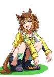  1girl :p absurdres ahoge animal_ears black_skirt brown_eyes brown_hair crop_top hair_between_eyes hair_ornament hairclip highres horse_ears horse_girl jacket jungle_pocket_(umamusume) long_sleeves looking_at_viewer medium_hair multicolored_hair notched_ear senchan_7 sharp_teeth simple_background skirt solo streaked_hair teeth tongue tongue_out umamusume white_background white_hair yellow_jacket 