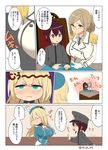  2girls atago_(kantai_collection) blonde_hair breast_press breasts brown_eyes brown_hair comic glasses green_eyes highres jealous kantai_collection katori_(kantai_collection) kloah large_breasts little_boy_admiral_(kantai_collection) multiple_girls partially_translated pout red_hair translation_request 