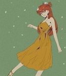  1girl bare_arms bare_shoulders dress flower flowers_in_hair neon_genesis_evangelion red_hair simple_background smile solo soryu_asuka_langley sundress 